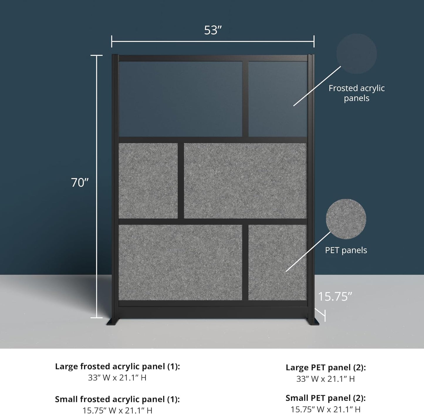 Stand Up Desk Store Expanse Modular Wall | 53'' x 70'' Wall | Expandable Partition Room Divider with Rearrangeable Frosted Acrylic & Sound Absorbent Panels (Black Frame)