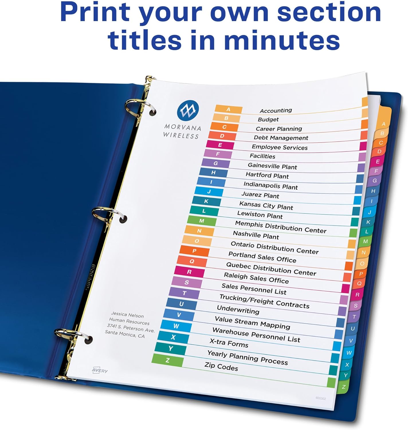 Avery A-Z Tab Dividers for 3 Ring Binder, Customizable Table of Contents, Multicolor, 1 Set (11125)