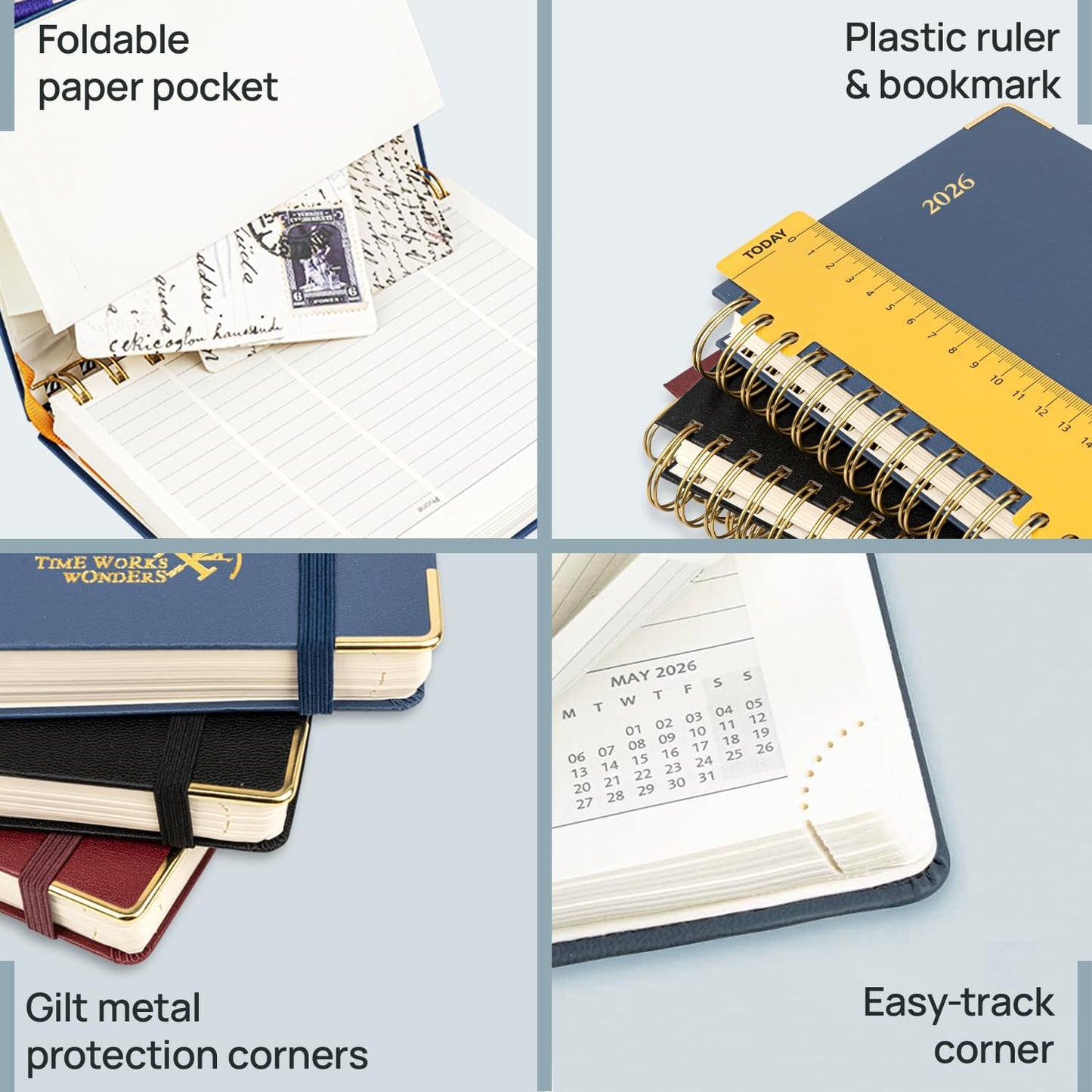 POPRUN 2026 Daily Planner One Page A Day - [8.5" x 5.75" Wire-Bound Hard Cover] Agenda 2026 Hourly Appointment Book with Monthly Calendar, Inner Pocket, Ivory Paper - Black