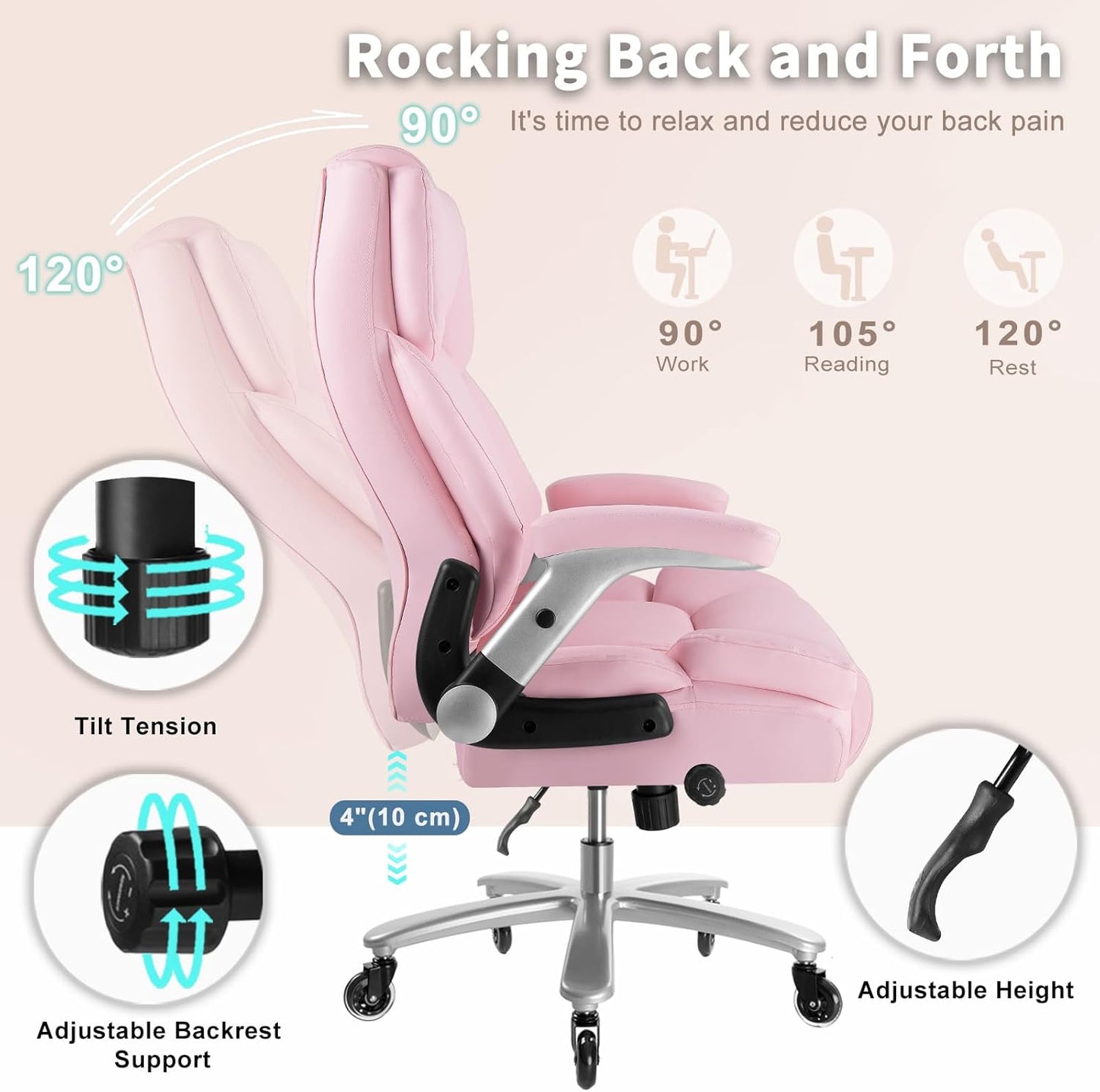 Big and Tall Office Chair 600lbs, Heavy Duty Executive Office Chair for Heavy People, Pink High Back Office Leather Ergonomic Chair with Adjustable Armrests and Lumbar Support for Computer Desk Chair