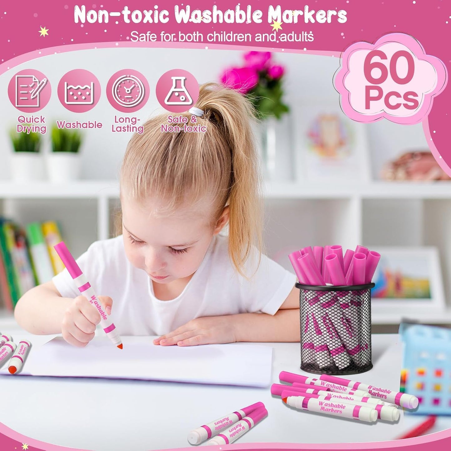 Janlaugh 60 Pcs Pink Washable Markers Bulk Coloring Broad Line Markers for Kids Conical Tip Pink drawing pens for Classroom Back to School travel Art baby shower gender reveal Supplies, Ages 6+
