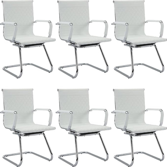 Office Guest Chairs - Set of 6 Modern PU Leather Desk Chairs for Reception, Waiting, and Conference Rooms - Mid Back, White
