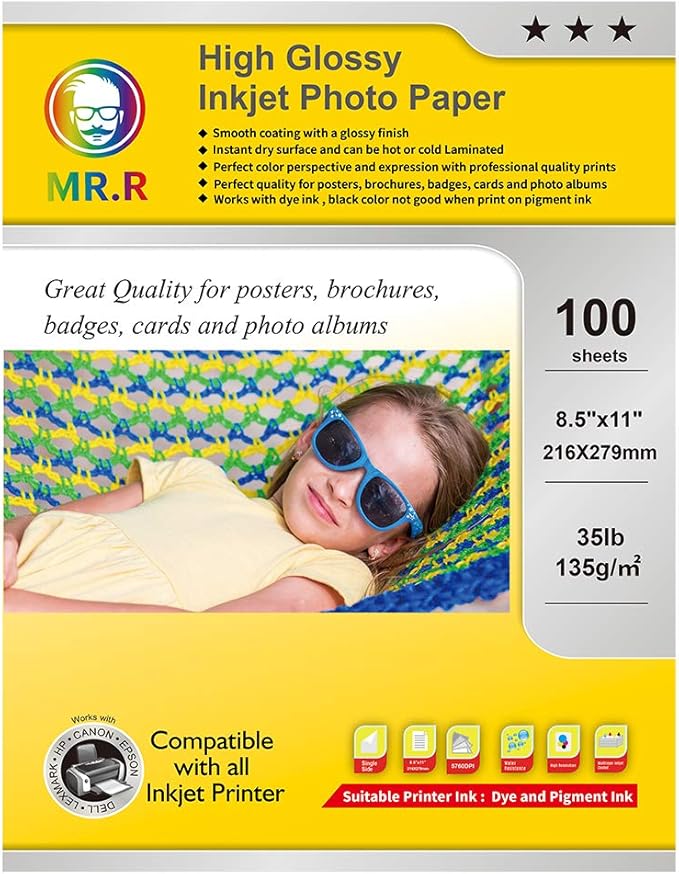 MR.R Single Side High Glossy Inkjet Photo Paper Letter Size 8.5"x11" with 100 sheets per pack 135gsm 35LB