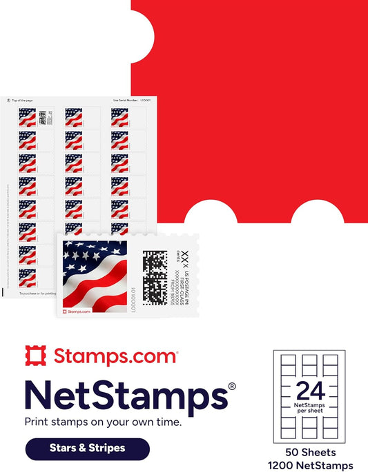 Stars & Stripes NetStamps 1200-Pack (50 Sheets) Printable Postage Labels (Stamps.com Subscription Required) - Print Approved Postage - Inkjet & Laser Printers - Business, Personal, Home