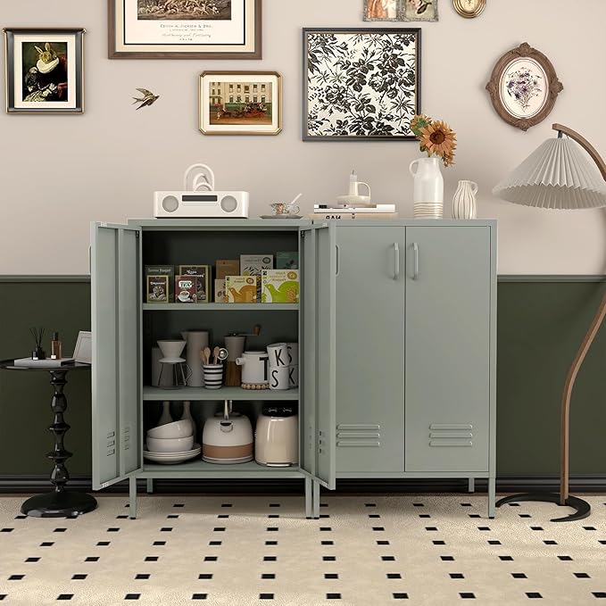 Metal Cabinet,Entryway Cabinet with Adjustable Shelves,Metal Storage Cabinet for Classroom,Living Room,Kitchen,Outdoor,Grey Green