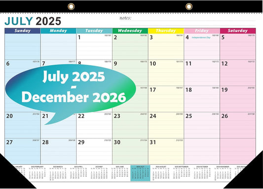 Desk Calendar 2025-2026,Monthly Planner from July 2025 to December 2026,Large 17" x 12",Clear Plastic Cover Desktop/Wall Calendar for Students Teachers & Schools(colorful)