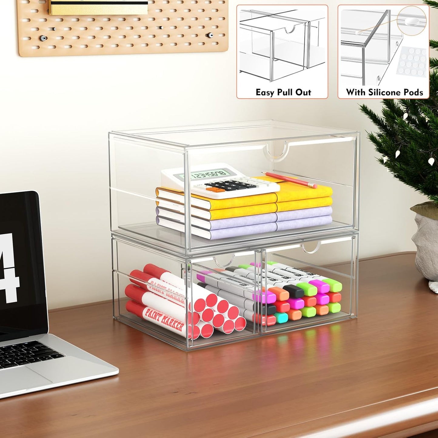 Makeup Organizer with 3 Drawers, Acrylic Organizer, Desk Organizers and Accessories, Dustproof Storage Drawers for Office Art Craft Supplies