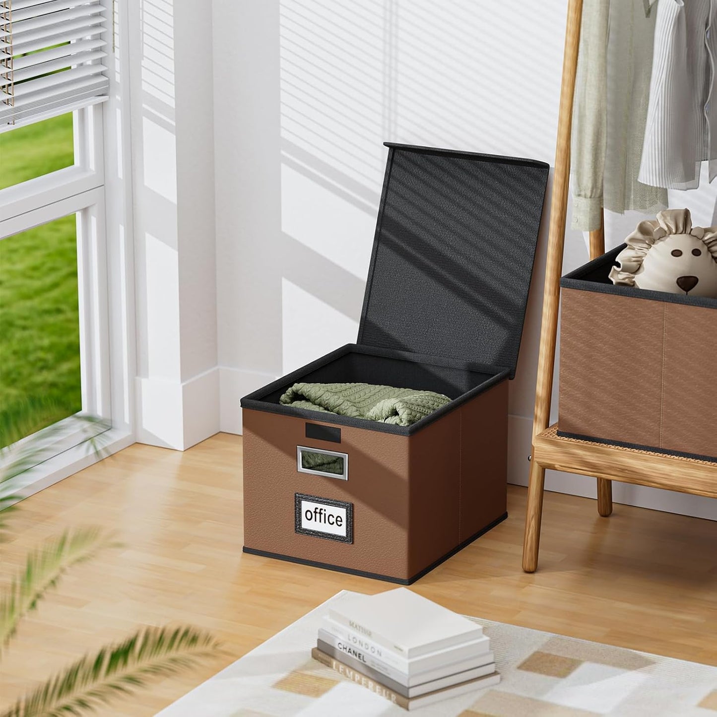 Huolewa Faux Leather File Organizer Box with Lid, Collapsible Hanging File Folder Box Organizer with Plastic Slides, Decorative Home/Office Filing System Boxes for File and Folder Storage-Brown