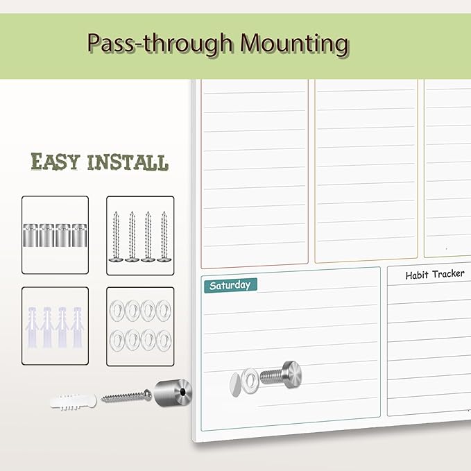 Glass Weekly Dry Erase Board for Wall 16"X 12",Colorful Weekly Calendar Whiteboard,to Do List Weekly Planner Whiteboard,Frameless Mounting,for Memo, School, Home, Office, Kitchen UV3040