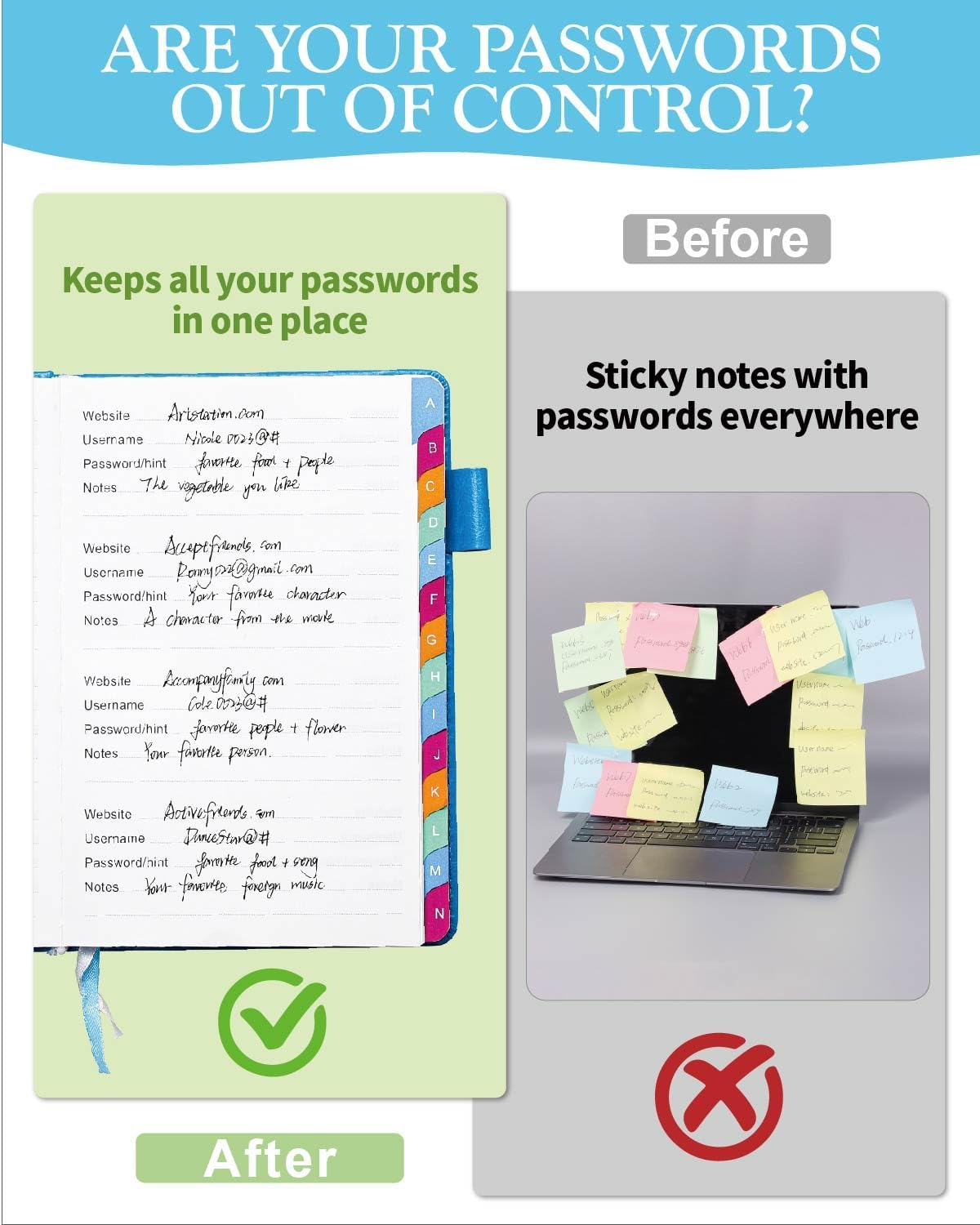 Password Keeper Book with Colorful Alphabetical Tabs, Hardcover Password Log-Book for Internet Password and Website Address, 5.8"×8.4" Password Notebook for Home Office (Blue)