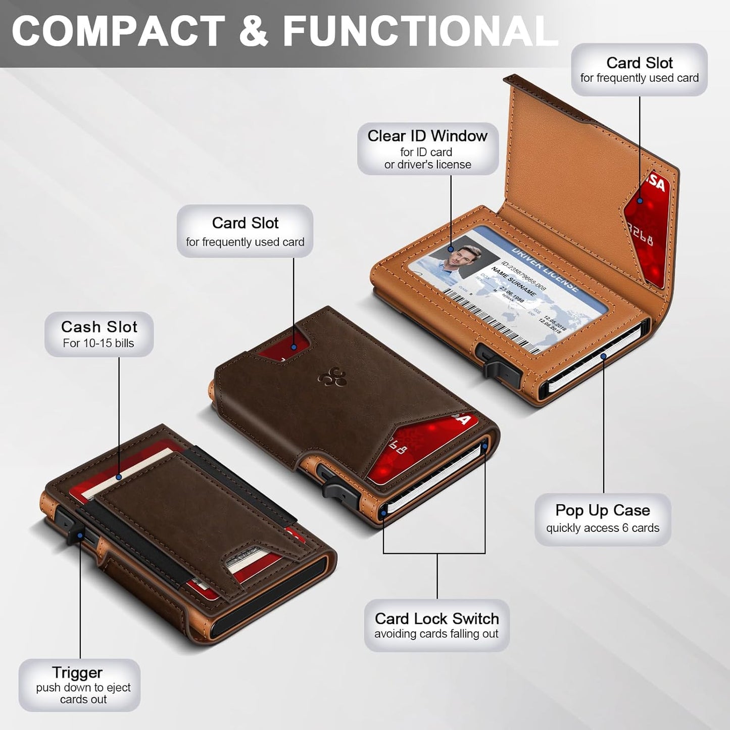 Wallet for Men Wallet with Slim Pop Up Card Holder 9-13 Cards, Bifold Minimalist Smart Wallet RFID Blocking Credit Card Holder with ID Window & Stretchable Cash Slot Compact Metal Aluminum Card Case