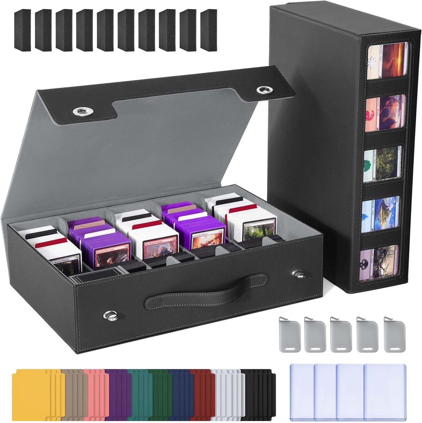 Trading Card Storage Box with Commander Display, 5 Row Magic Card Box with Handle & Aluminum Alloy Locking for 3900+ Unsleeved Cards Suits for MTG PTCG TCG Sports Cards (Black Gray)