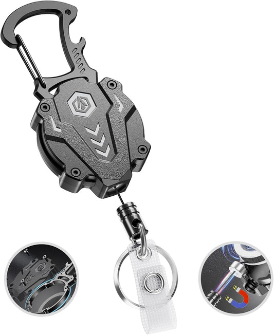1Pack Heavy Duty Retractable Keychain, Tactical ID Badge Holder Reel Carabiner Clip with Magnetic Closure for Men, Unbreakable Sandwich Construction with 31" Dyneema Cord, Bearing 25oz