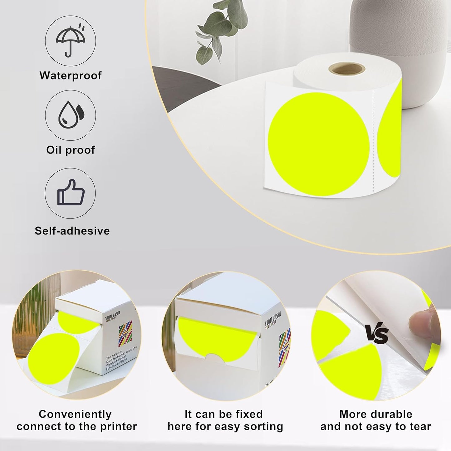 3 X 3 Inch Color Coding Dot Labels Circle Thermal Printable Waterproof 2000 Pcs Round Stickers Adhesive Writable for Office, Home, Garage, DIY Sticker, Barcodes, Name Tag, Fluorescent Yellow