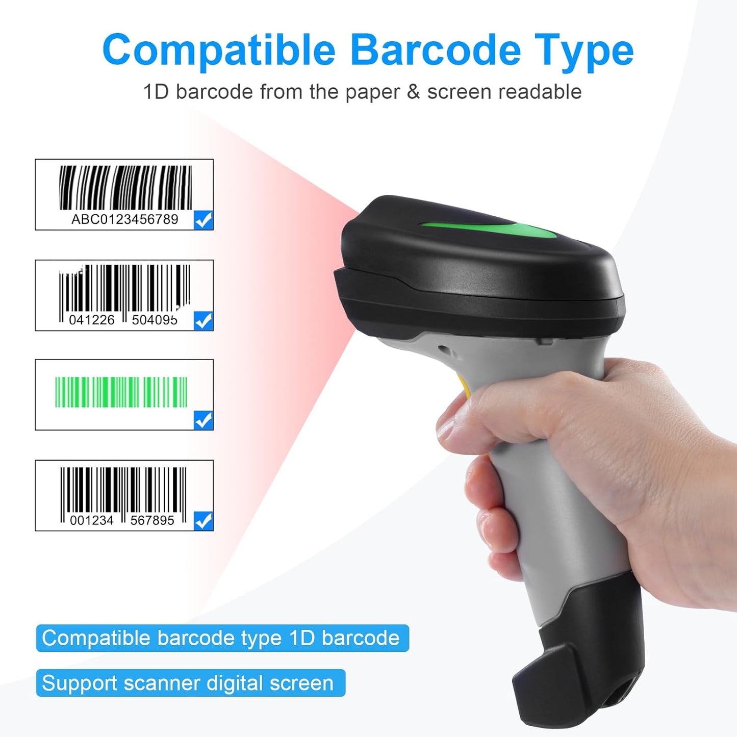 Barcode Scanner Wireless, Onewscan 1D Barcode Reader with Stand, 2.4G Wireless & USB Wired Connection Plug and Play Handheld Bar Code Scanners