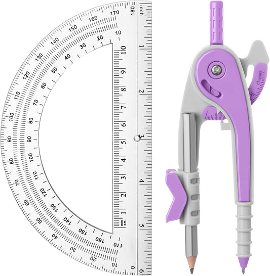 EBOOT Student Geometry Math Set, Drawing Compass and 6 Inch Clear Swing Arm Protractors 180 Degree Math Protractor (Lavender Purple)