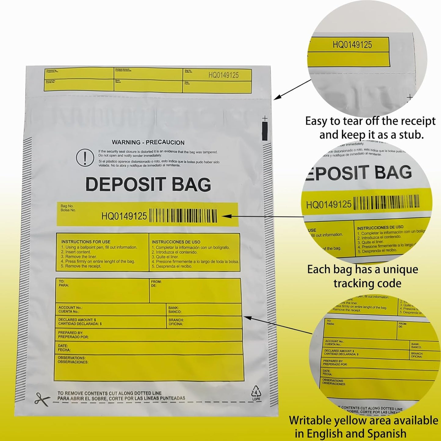 Opaque Bank Deposit Bags, 100pcs 9x12in Tamper Proof Bag, Cash Handling, Transportation, Transfer, Valuables, Secure Bank Pocket with Independent Barcode, Self Sealing Glue, Tamper Proof