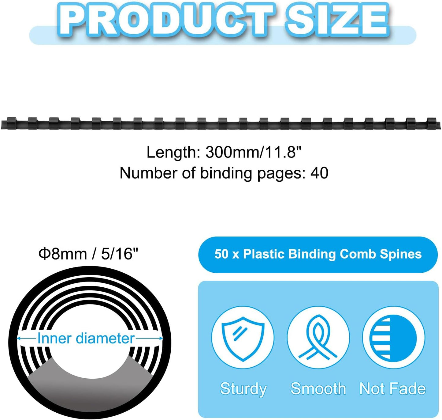 PATIKIL 8mm (5/16") Plastic Binding Combs, 50 Pcs 21 Rings Comb Binding Spines 40 Sheet Capacity Letter Size for Binding Paper Sheets, Black