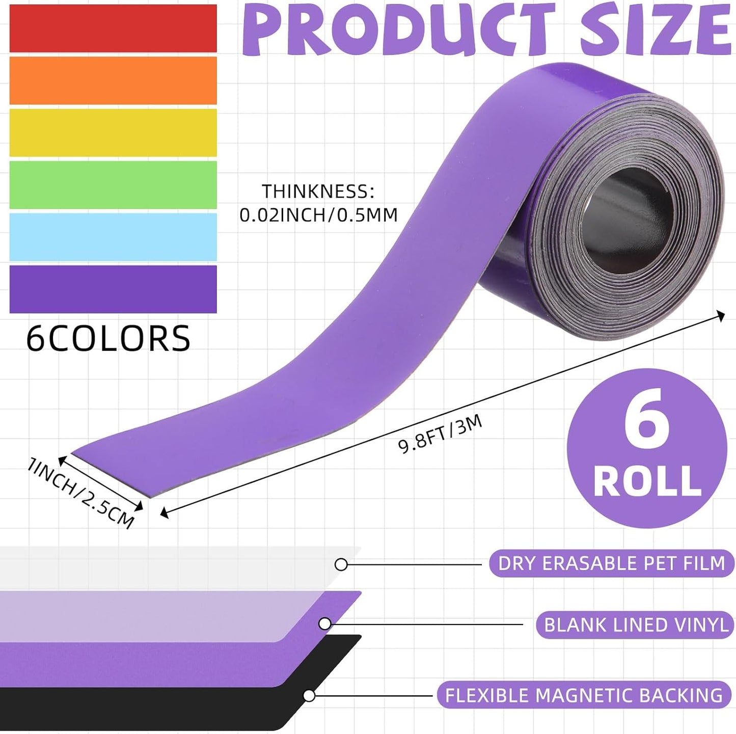 6 Pcs Dry Erase Magnetic Strips for Classroom, 1 In x 9.8 Ft Rainbow Colors Magnetic Tape Roll Blank Magnets Sticky Labels Writable Flexible Magnet Sheet for Whiteboard Refrigerator and Crafts