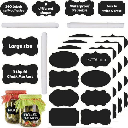 Chalkboard Label 240 Pcs Waterproof Reusable Labels for Food Containers Chalk Sticker Labels with 3 Liquid Chalk Markers for Mason Jars, Parties Decoration, Craft Rooms, Storage, Home, Kitchen
