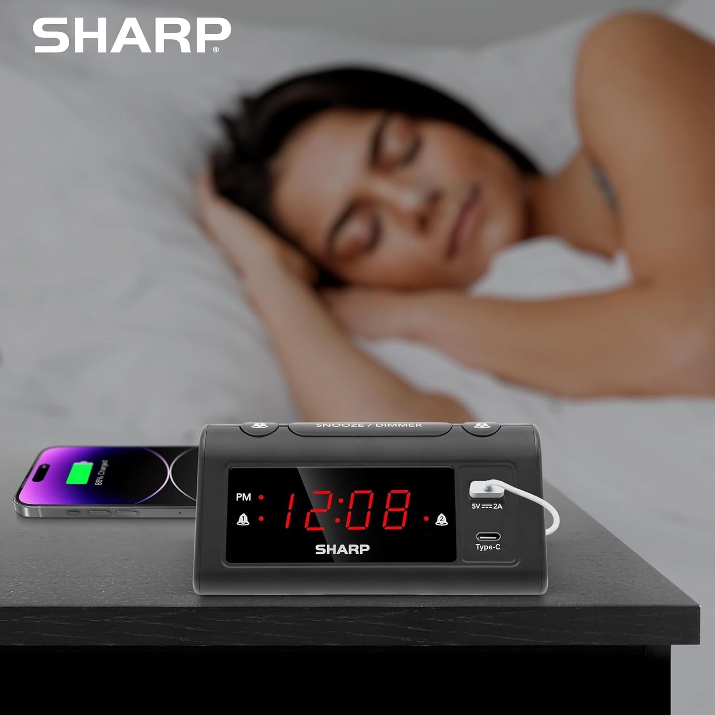 Sharp Alarm Clock for Bedrooms, Super Fast USB-C Charging and Fast 2 Amp USB Charging, 2 Alarms, 3-Step Dimmer, Snooze, Easy to Set Controls, Black with Red LED Display