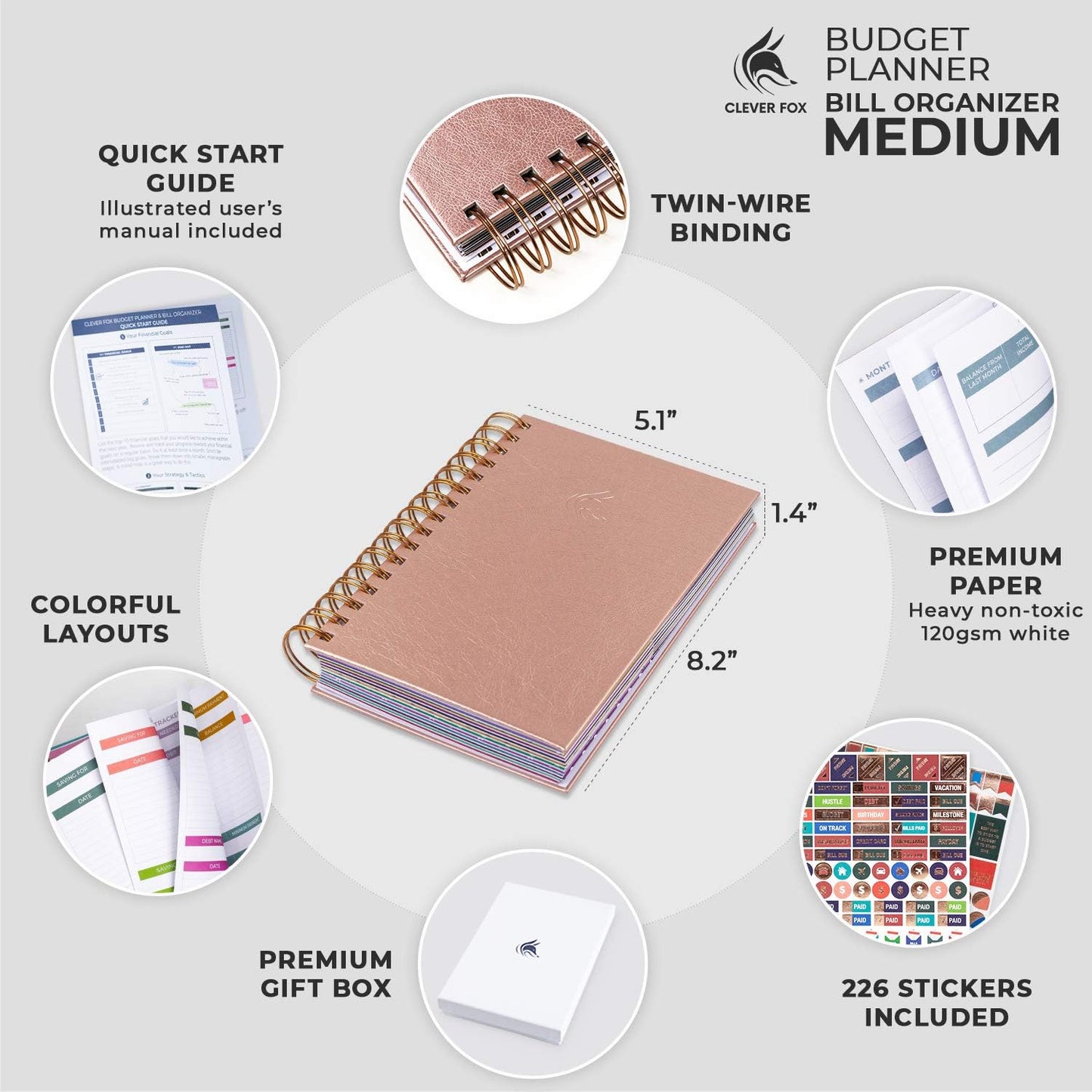 Clever Fox Budget Planner & Monthly Bill Organizer With Pockets. Expense Tracker, Budgeting Journal & Financial Book. Medium, 5.1x8.2" (Rose Gold)