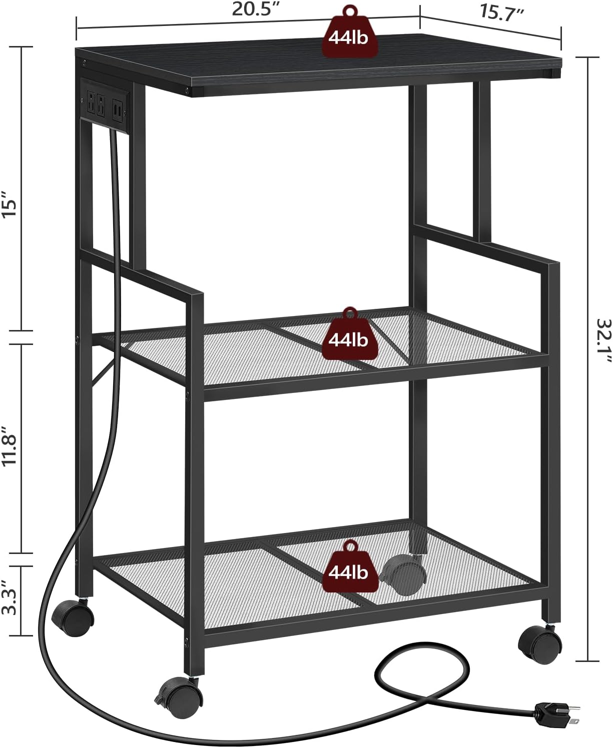 Mobile Printer Stand, 3-Tier Industrial Printer Cart with Power Outlets and 2 USB Ports, Rolling Printer Table on Wheels for Home Offices Kitchen Organization Rack, Black PTHB78E01