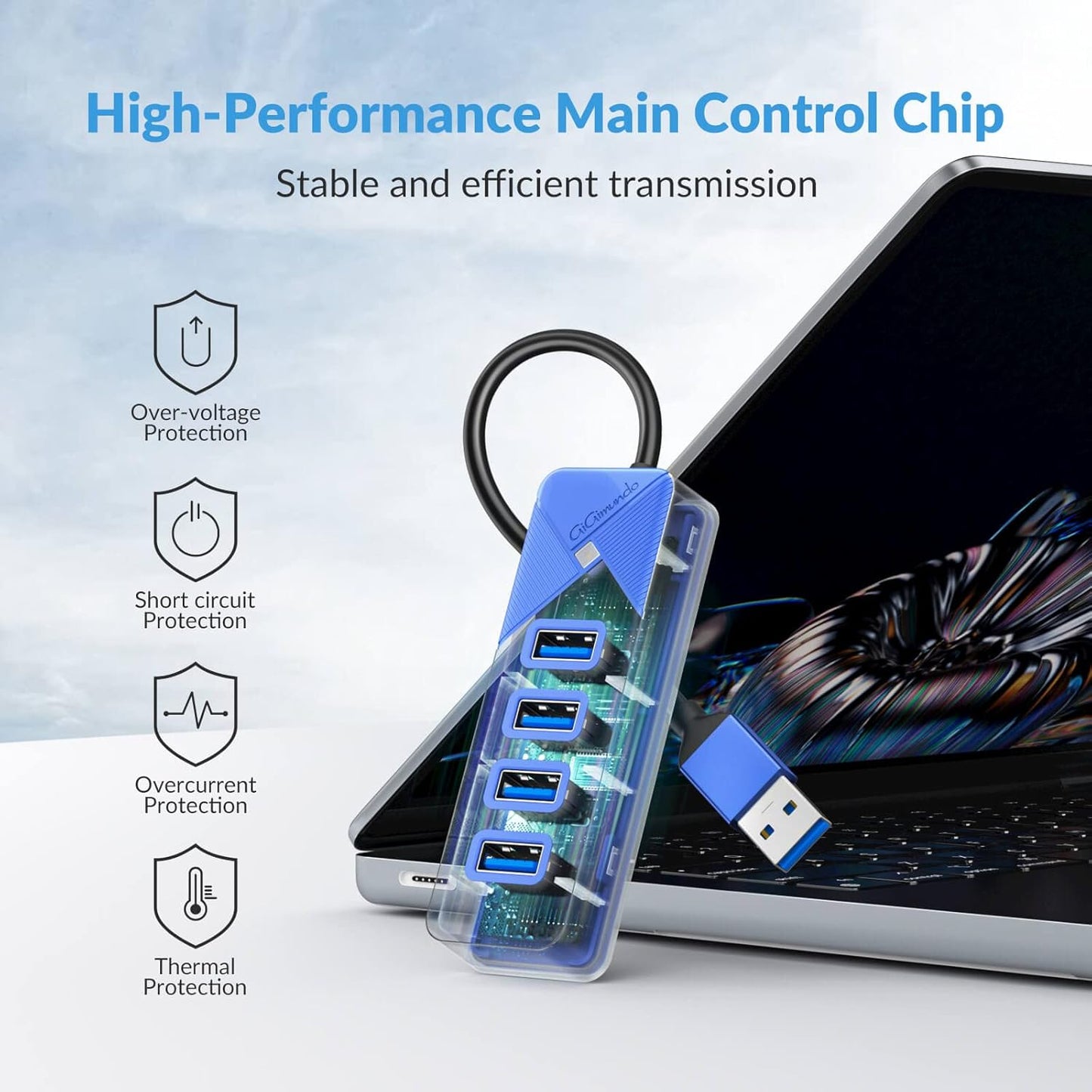 4 Port USB 3.0 Hub, 5Gbps Multi Ports USB Splitter USB Expander for Laptop, Computer, PC, PS4, Xbox, Printer, Keyboard, Mouse, Compatible with Windows, Mac OS, Linux (Blue, 15cm)