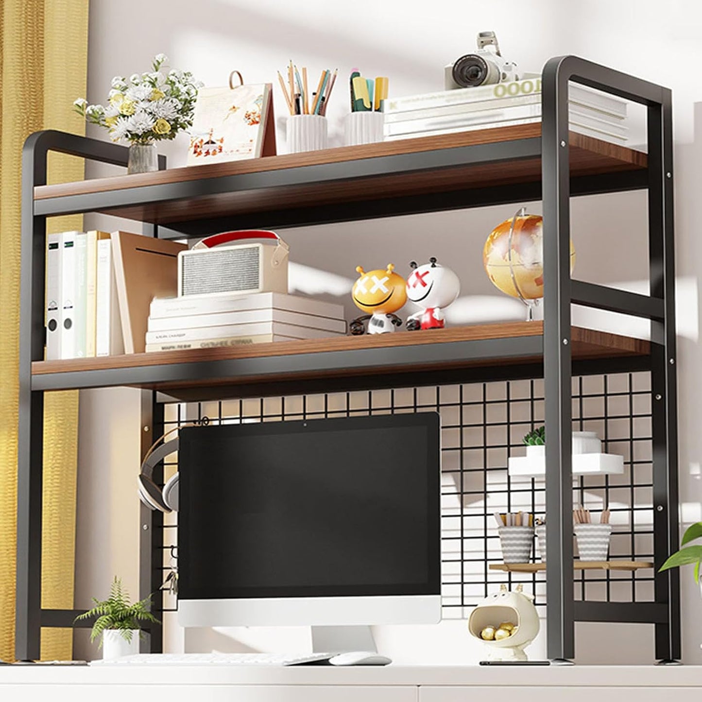 2-Tier Desktop Hutch Bookshelf Metal Desk Shelf Dorm Bookcase for Computer Desk Countertop Storage Organizer Display Rack for Office Home (Black, 53.1in)