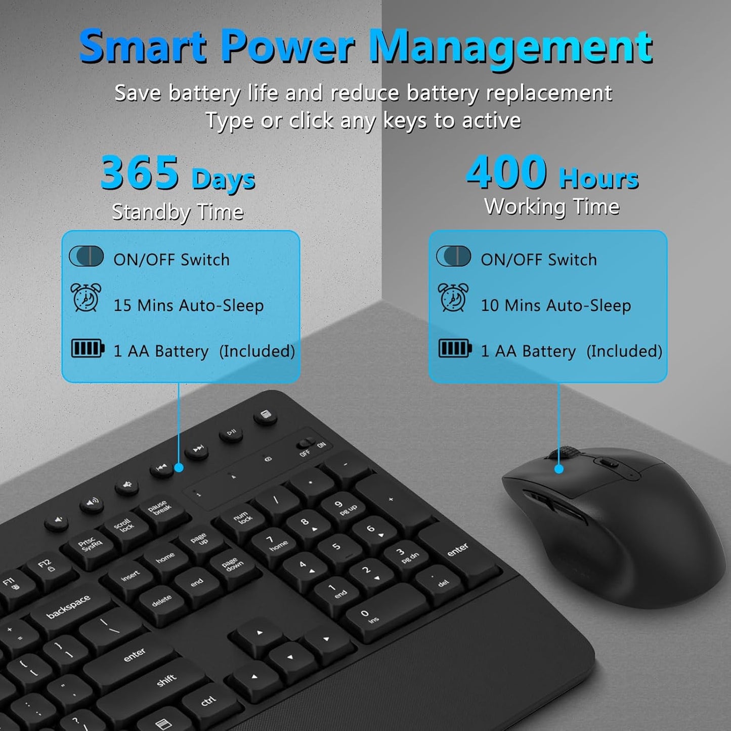 Wireless Keyboard and Mouse Combo, Full-Sized Ergonomic Keyboard with Wrist Rest, Phone Holder, Sleep Mode, Silent 2.4GHz Cordless Keyboard Mouse Combo for Computer, Laptop, PC, Mac, Windows