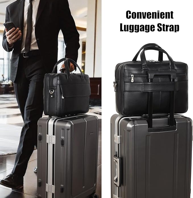 Masa Kawa Leather Briefcase for Men 15.6" - 17" Laptop Computer Case Business Travel Work Messenger Cross Body Shoulder Bag