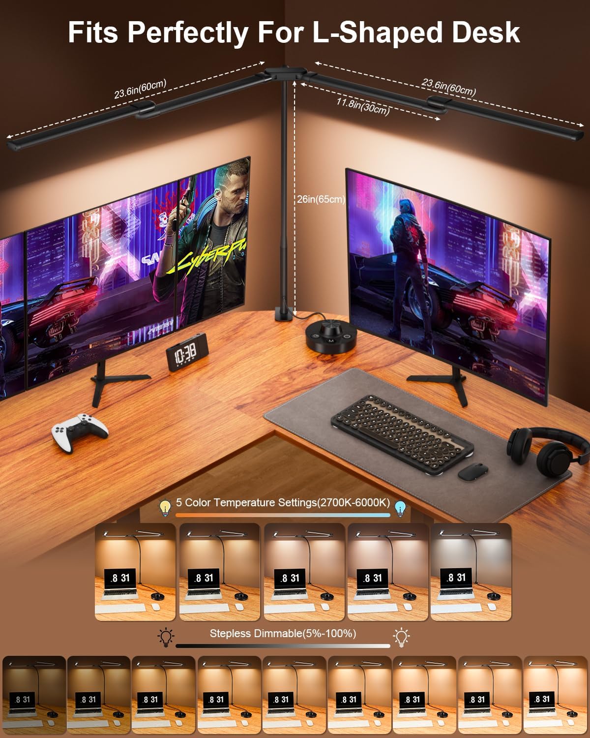 LED Desk Lamp with Clamp, 24W Ultra Architect Desk Lamp for Home Office, Stepless Dimming & Adjustable Gooseneck, Eye-Caring Light with USB Adapter for Reading, Study, Multi-Screen Setup (Black)