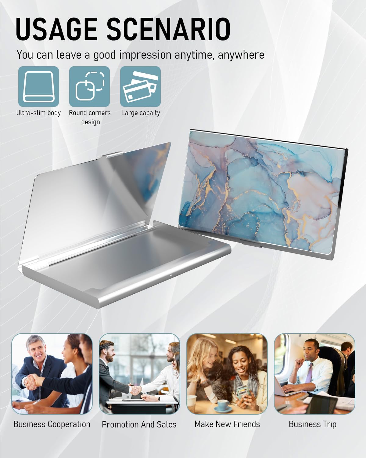 Business Card Metal Slim Organizer, Professional Stainless Steel Square Pocket Wallet for Office Workers, Compact and Portable for Pockets (Blue Marble