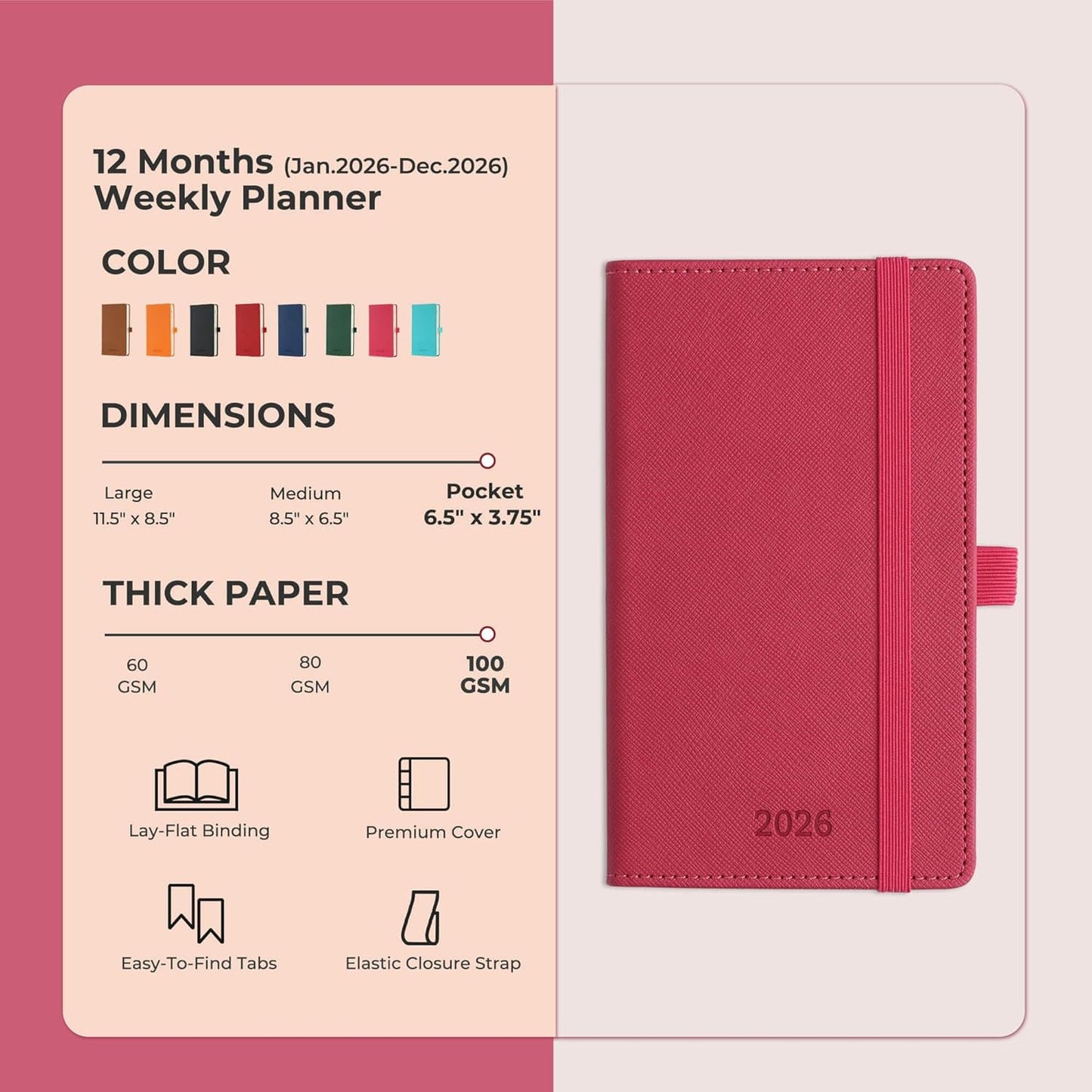 Weekly Monthly 2026 Planner (Jan.26-Dec.26),6.5"x3.75",12 Months Agenda Plan with Month Tabs & Pocket,Expenses/Note Pages, Appointment Book Calendar with Vegan Leather Cover,Rose Red