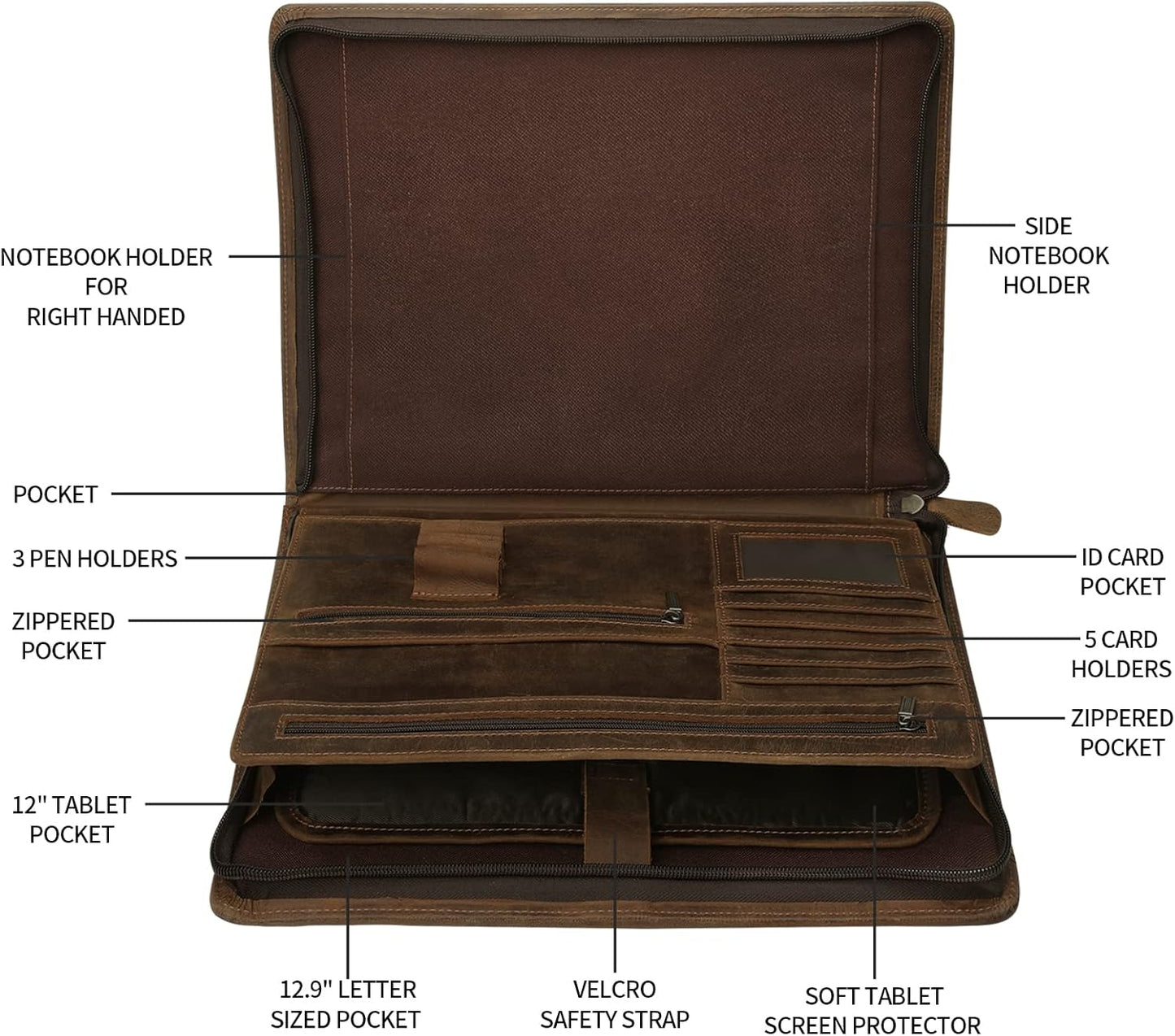 Ringsun Genuine Leather Portfolio with Zipper for Men Women, Padfolio Business Resume A4/Pad, Folder Organizer, Brown, RS01