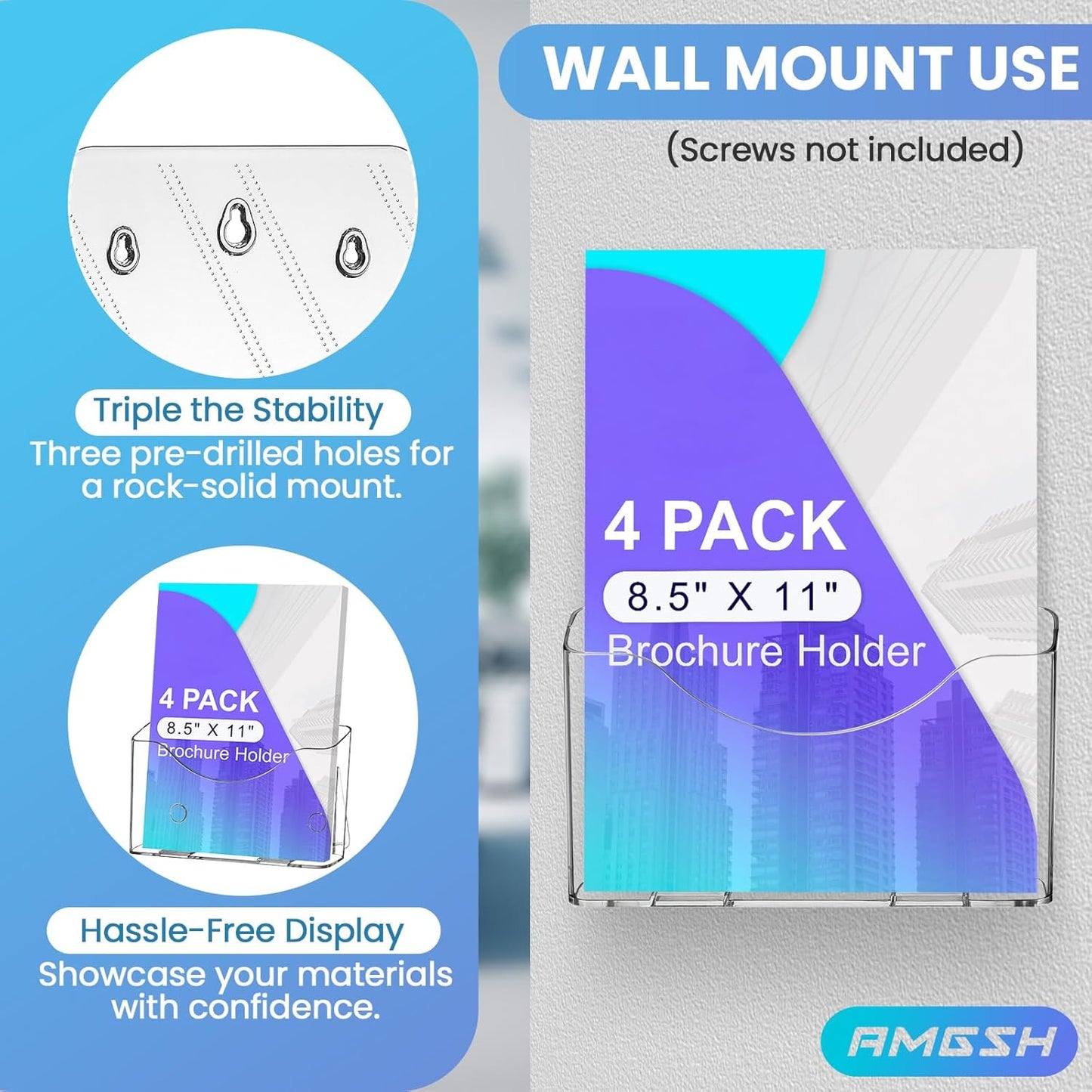 4 Pack Brochure Holder 8.5” x 11”, Acrylic Literature Holder, Plastic Clear Rack Card Display Trifold Brochures Stand Flyer Holder Pamphlet Display Stand, Wall Mount/Countertop