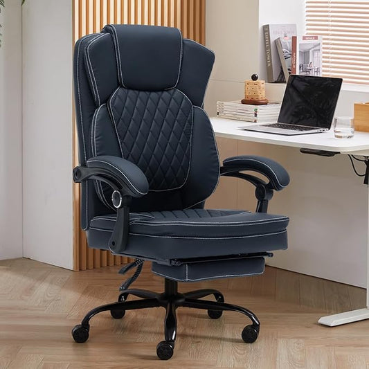 Ergonomic Office Chair with Foot Rest, Executive Chair with Footrest PU Leather Computer Chair, Big and Tall Chair Reclining Desk Chair, Thick Padded Coil Spring Seat, 400 lbs Capacity (Black)