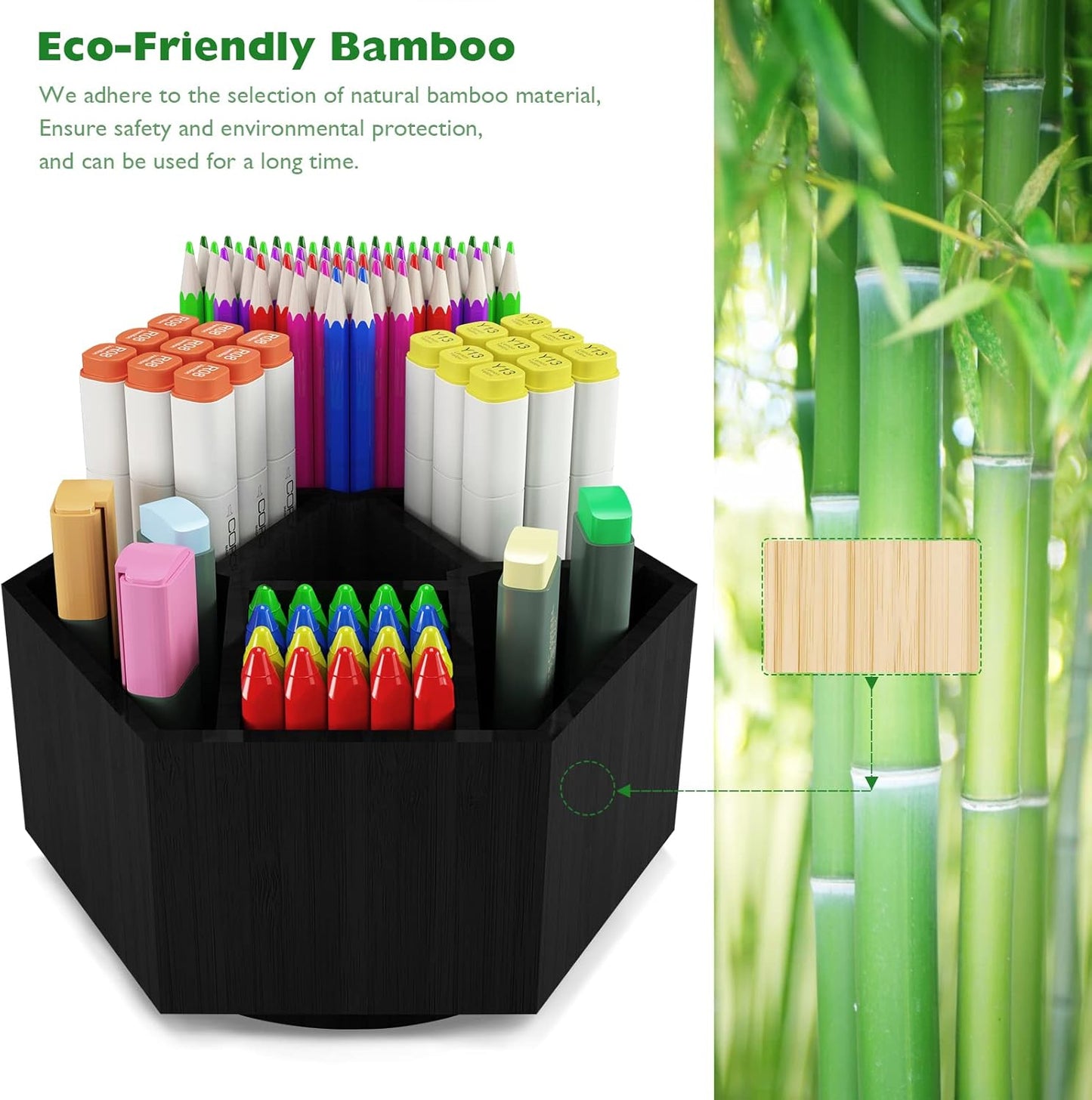 Art Caddy Organizer for Kids, Bamboo Pencil Organizer with 7 Large Compartment, Pen Storage Organizer, Marker Holder, Desk Caddy holds 325+ pencils, Education Supplies & Craft Supplies, Black