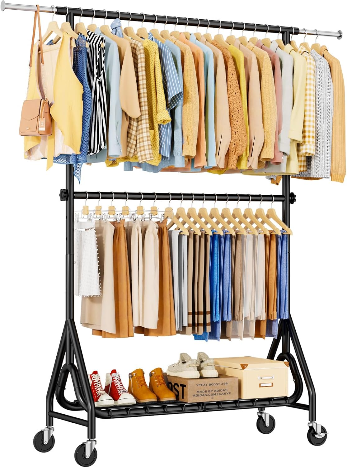 Heavy Duty Clothes Rack for Hanging Clothes, Double Rods Clothing Rack with Lockable Wheels, Rolling Garment Racks with Shelf, Easy to Assemble, Black