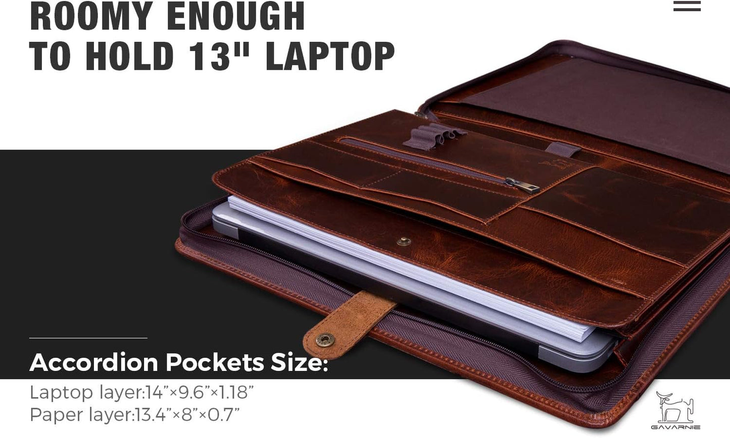 Genuine Leather Business Portfolio Padfolio Folder with Zipper for Men, Men's Leather Padfolio Folder for 13" Laptop, Business Portfolio with Letter Size Notepad, Graduation Gift，Oil Wax