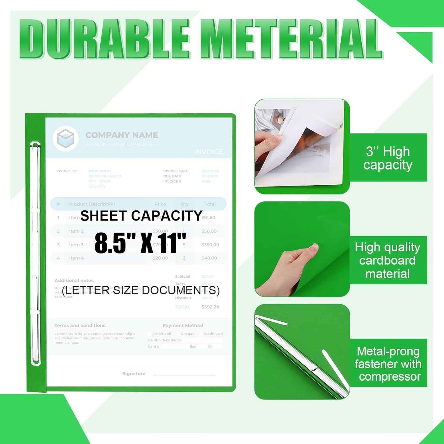 Zhanmai 15 Packs 8.5'' x 11'' Pressboard Report Covers, Metal Prong Fastener with Compressor, Letter Size 3'' Capacity Presentation Report Folder to Neatly Bind Reports, Proposals, Documents(Green)