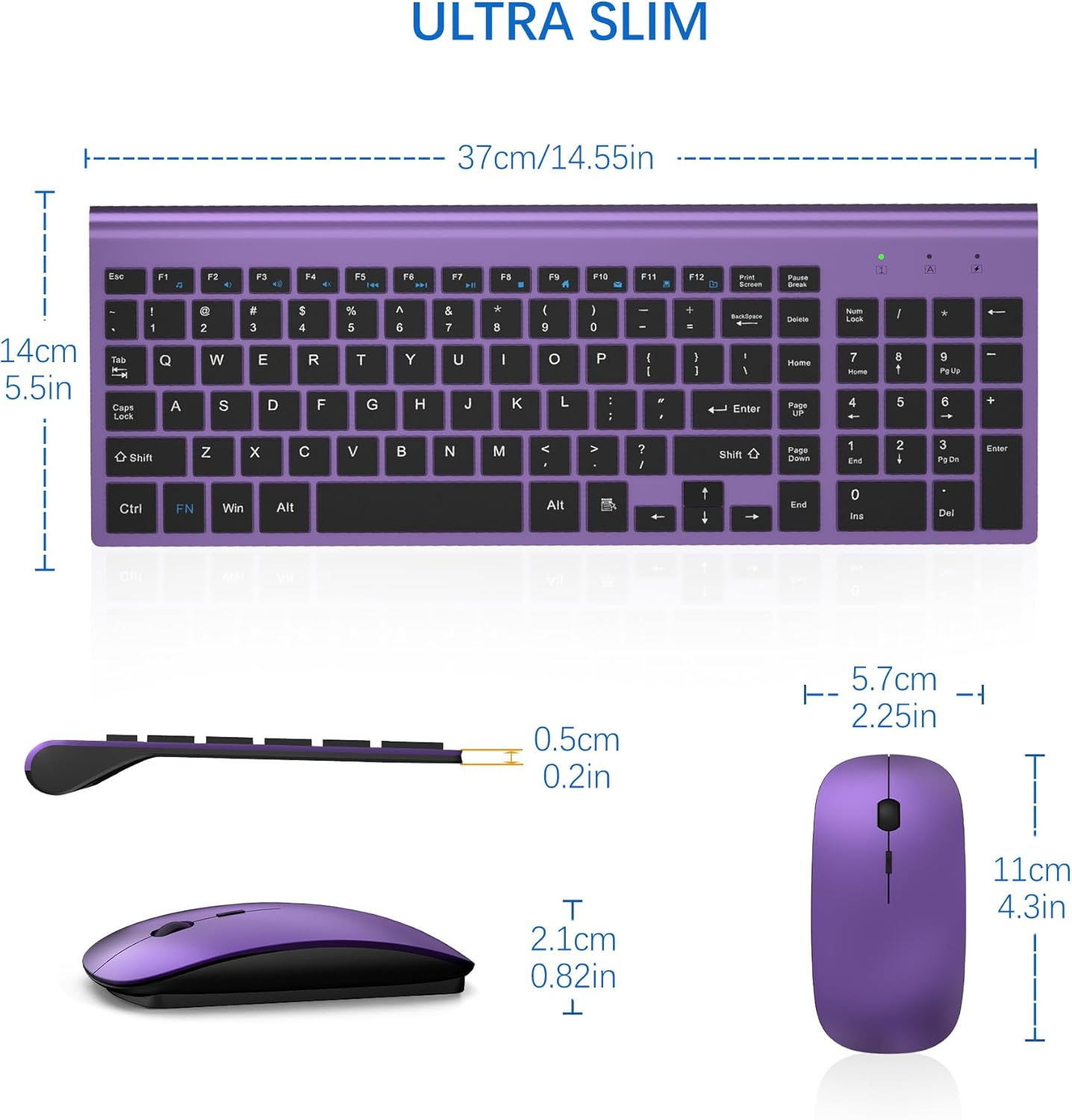 Wireless Keyboard and Mouse Ultra Slim Combo, TopMate 2.4G Silent Compact USB 2400DPI Mouse and Scissor Switch Keyboard Set with Cover, 2 AA and 2 AAA Batteries, for PC/Laptop/Windows/Mac-Purple Black