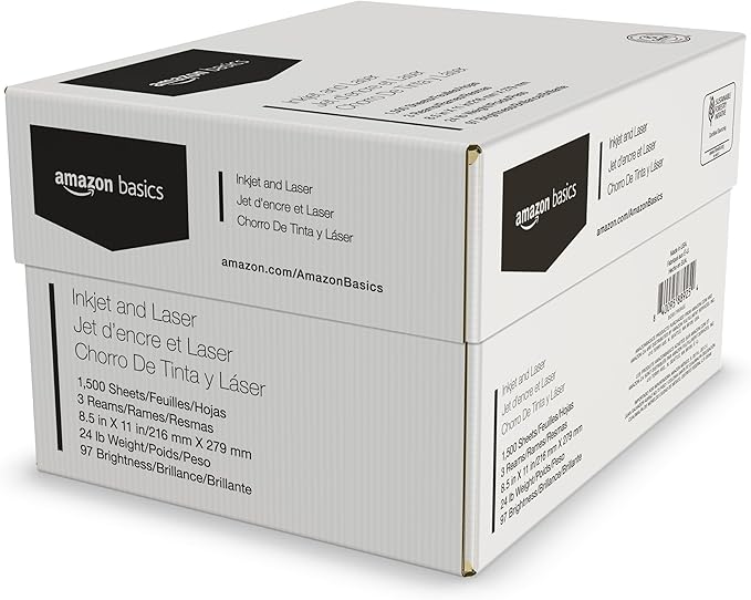 Amazon Basics Multipurpose Copy Printer Paper, 8.5-x-11-inch, 24lb, 1500 Sheets (3 Packs of 500), 97 Bright, White