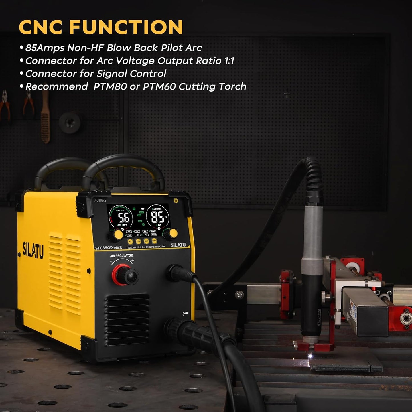 SILATU CNC Plasma Cutter Machine, 85Amp Blow Back Pilot Arc Air Sensor Technology, Large Screen Display,110V/220V Dual Voltage Non-Touch CNC Plasma Cutting Machine, 1 Inch Cutting Thickness