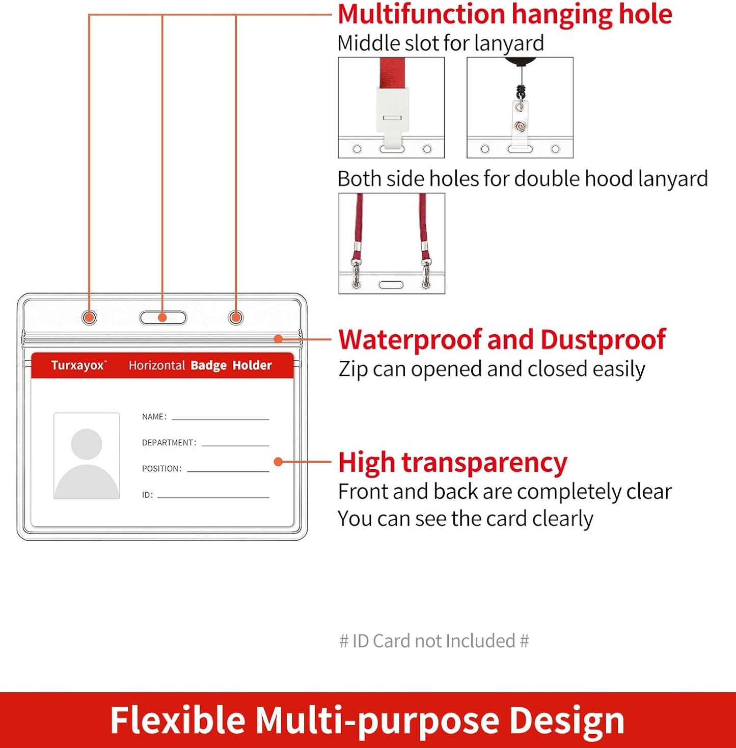 100 Pack Horizontal Clear ID Badge Holder, Plastic Name Badge Holders, Key Card Protector Cover Sleeve with Waterproof Resealable Zipper for Nurses Lanyard, Work I'd