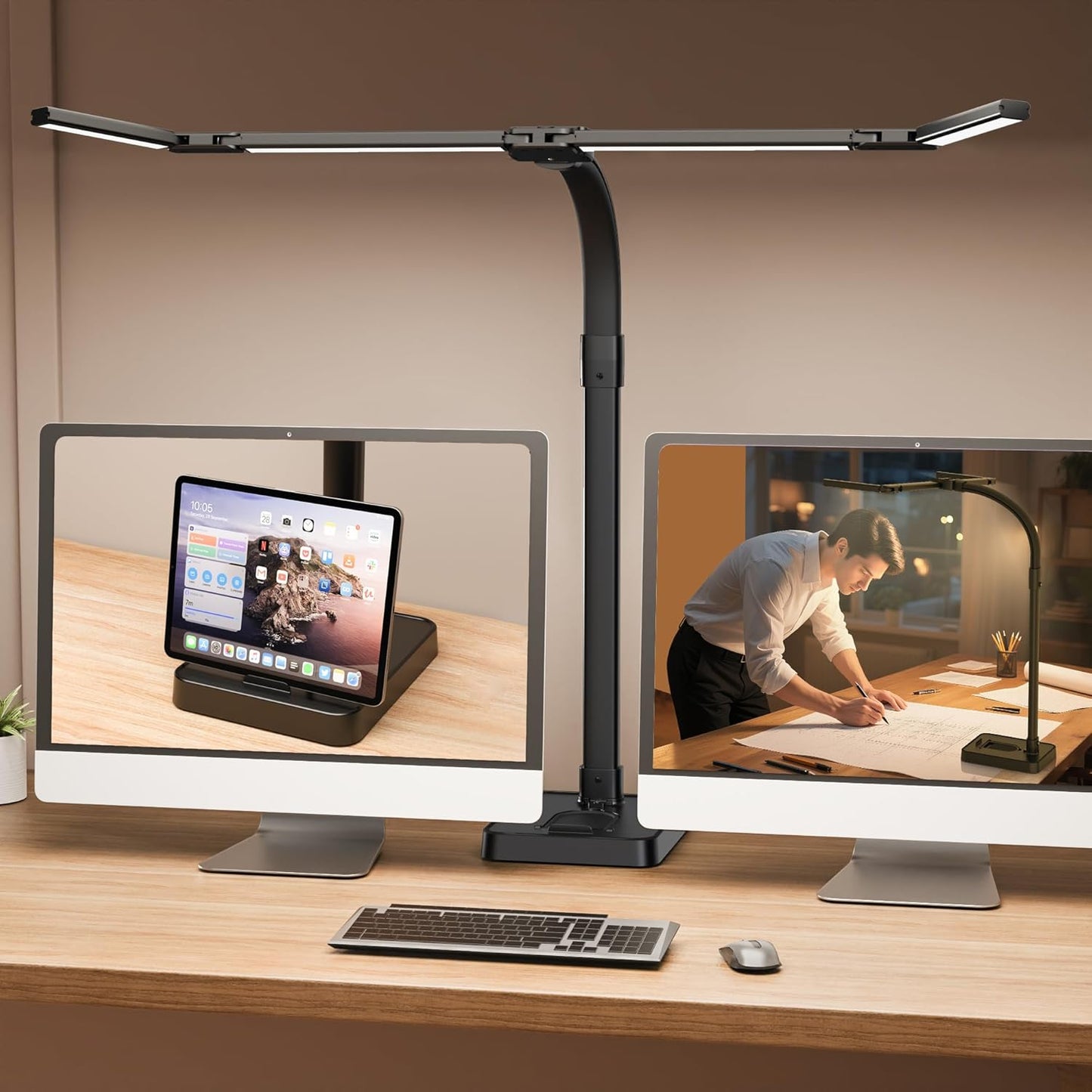 LED Desk Lamp for Home Office - 24W Bright Double Head Desk Light with Clamp Eye Caring Architect Task Light 25 Lighting Modes Adjustable Flexible Gooseneck Lamp (All Black)