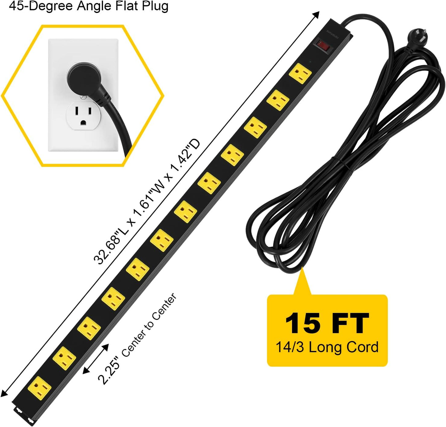 SURAIELEC 12 Outlet Long Metal Power Strip, 15FT Cord Surge Protector, Angled Flat Plug, Wide Spaced Outlet Bar, 15A Breaker, Wall Mountable, Industrial Heavy Duty for Work Bench, Shop, Garage, 2 Pack