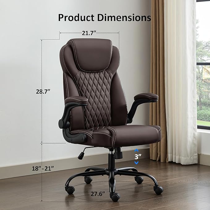 Office Chair, Executive Leather Chair Home Office Desk Chairs, Ergonomic Computer Desk Chair with Adjustable Flip-Up Arms, Lumbar Support Swivel Task Chair with Rocking Function (Brown)
