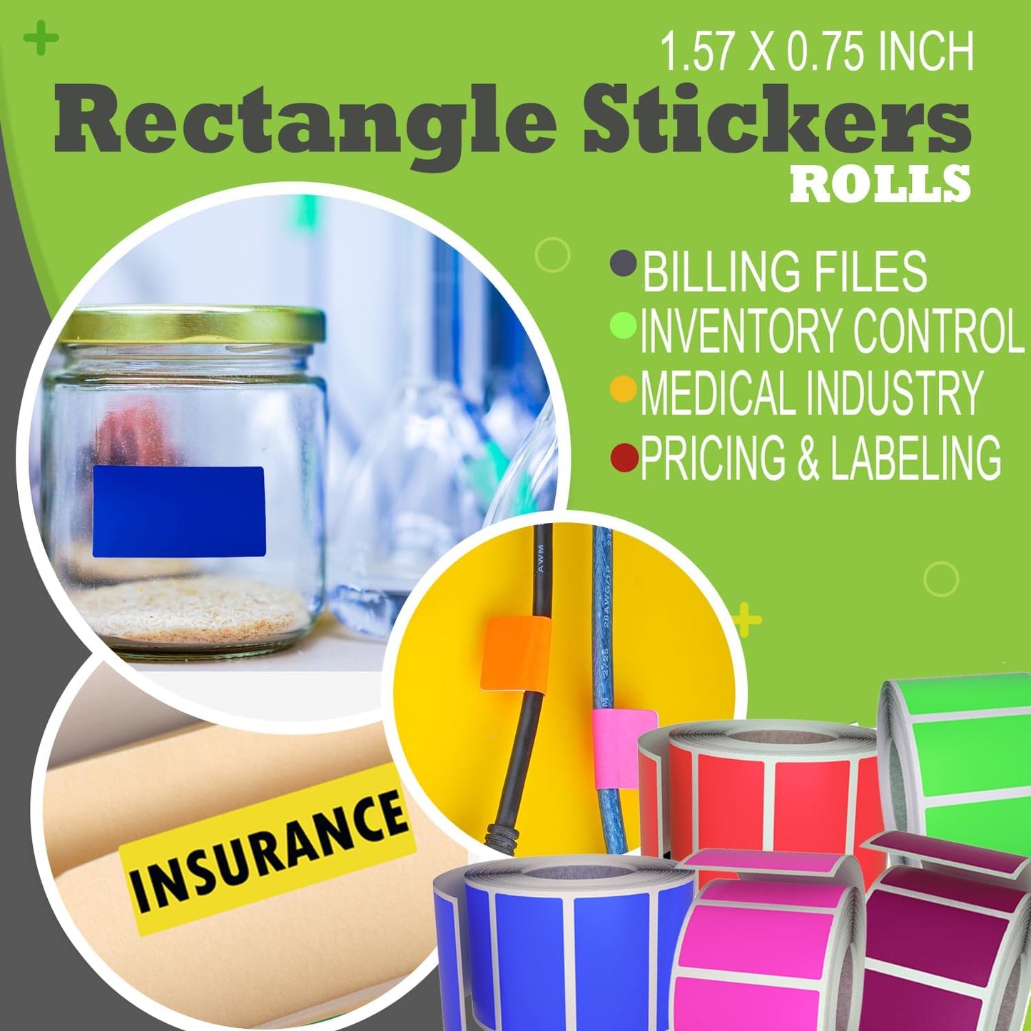 Green Sticker Label Rolls 1.57" x 0.75", 5 Rolls- 2500-Pack, Rectangular Easy Write Labels 40mmx19mm by Royal Green