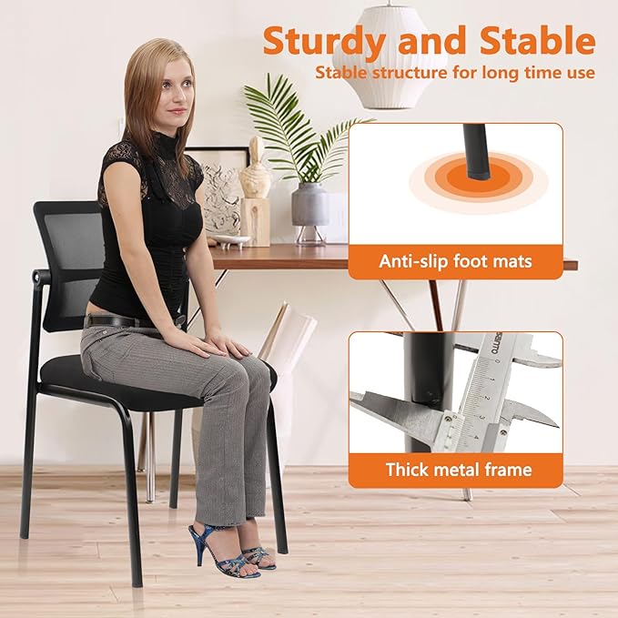 CLATINA Stacking Armless Office Waiting Room Chair with Adjustable Backrest, Stackable Mesh Guest Reception Desk Chairs with Ergonomic Lumbar Support for Conference Lobby Side School, Black, 4 Pack